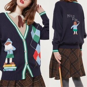 Miss Patina Russell Campus Academia Argyle Preppy Classic Cardigan Sweater